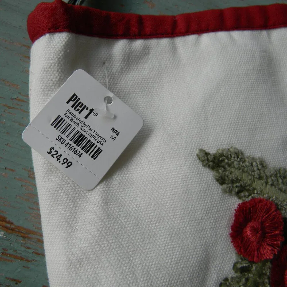 NWT PIER 1 EMBROIDERED CHRISTMAS HOLLY BERRIES STOCKING